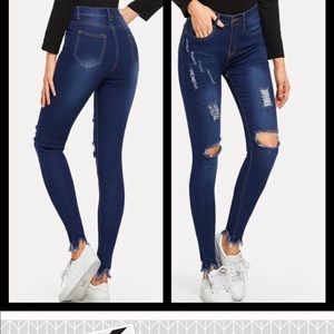 New High Waisted Skinny Stretch Dark Wash Raw Hem